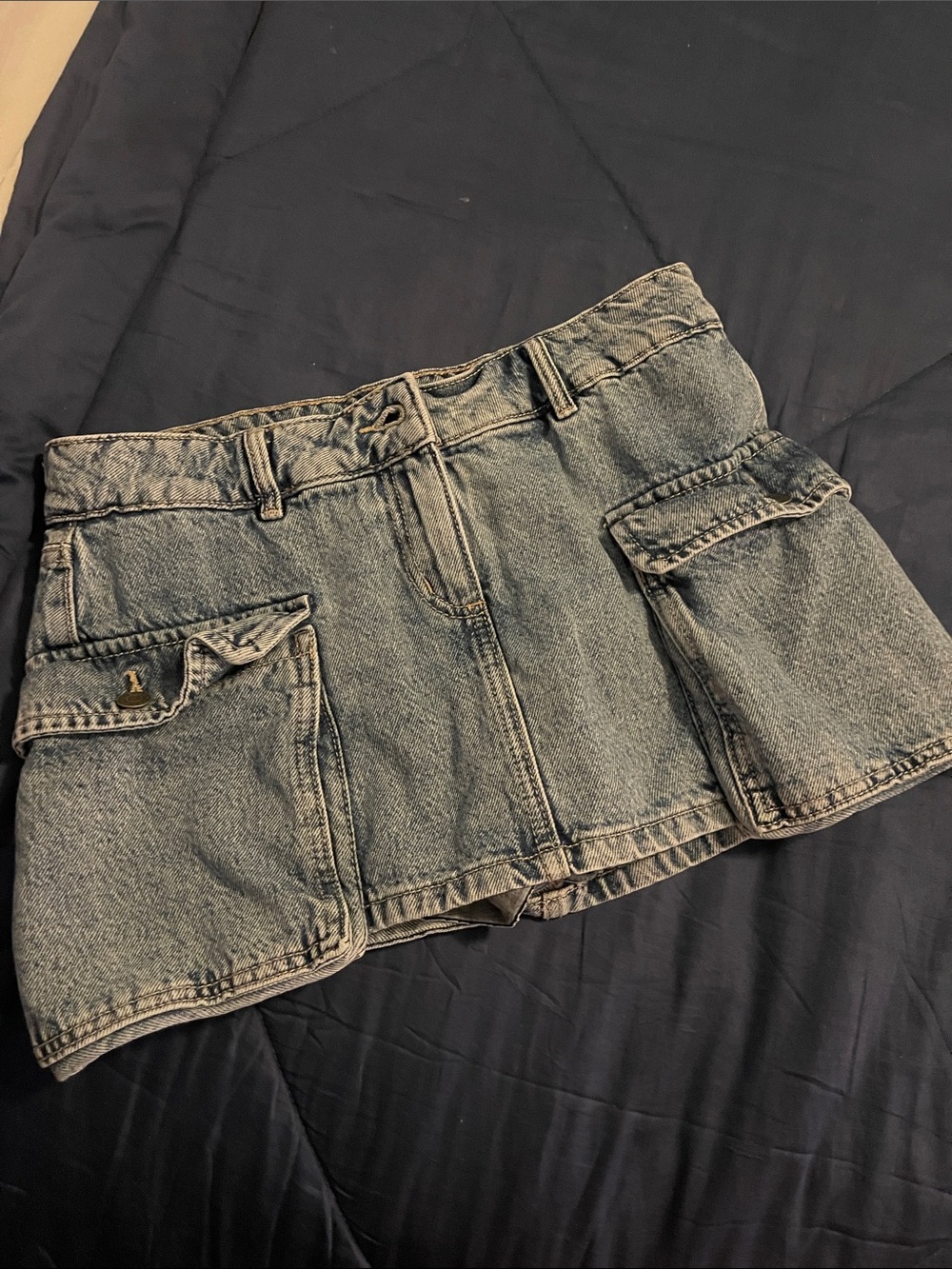 Garage Denim Mini Skirt - Washed Blue with Contrast Stitching